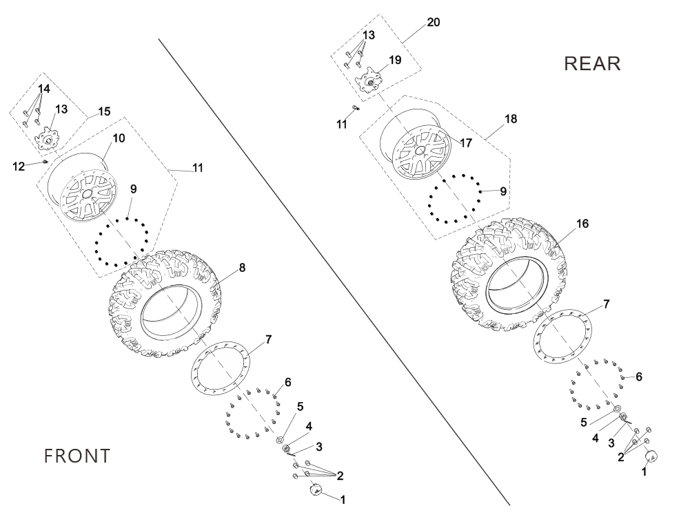 Exploded schematic of Segway Fugleman UT10 Beadlock Ring With Aluminum Rim-us Standard, callout 18 is the rear al wheel rim with anti-slip ring 1470