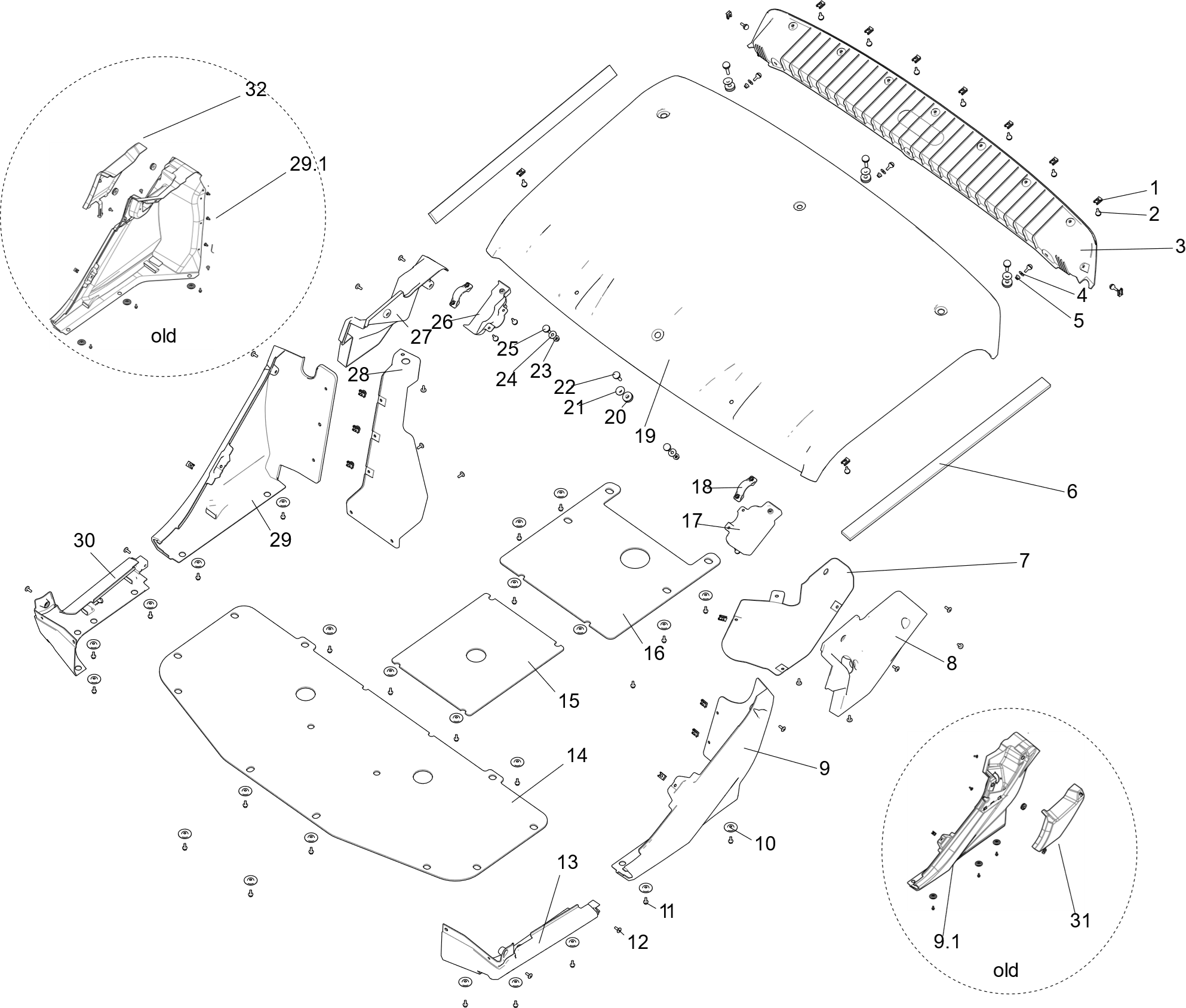 Exploded schematic of Segway Fugleman UT10 External Plastic Parts, callout 32 is the charging port cover pp black