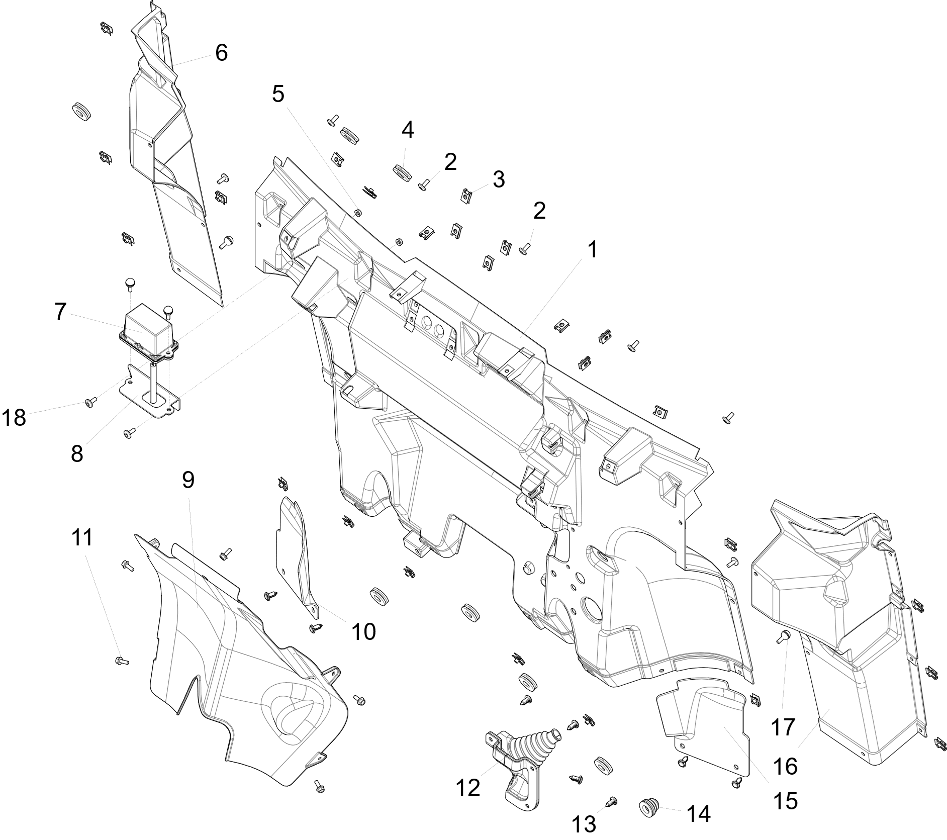 Exploded schematic of Segway Fugleman UT10 Front Bezel, callout 16 is the fl guard