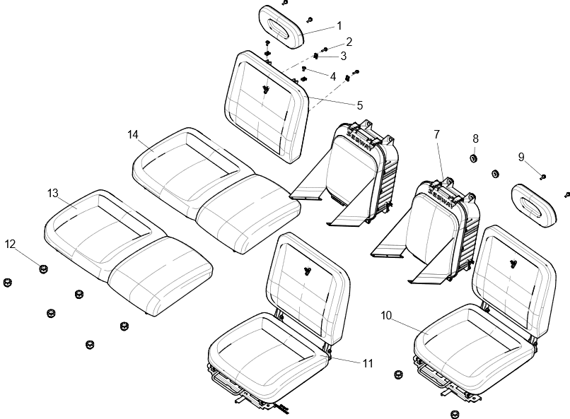 Exploded schematic of Segway Fugleman UT10 Seat Assembly, callout 8 is the passenger seat assy