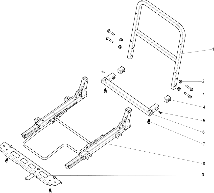 Exploded schematic of Segway Fugleman UT10 Seat Bracket Assembly, callout 9 is the u01 seat rail front mounting bracket assembly