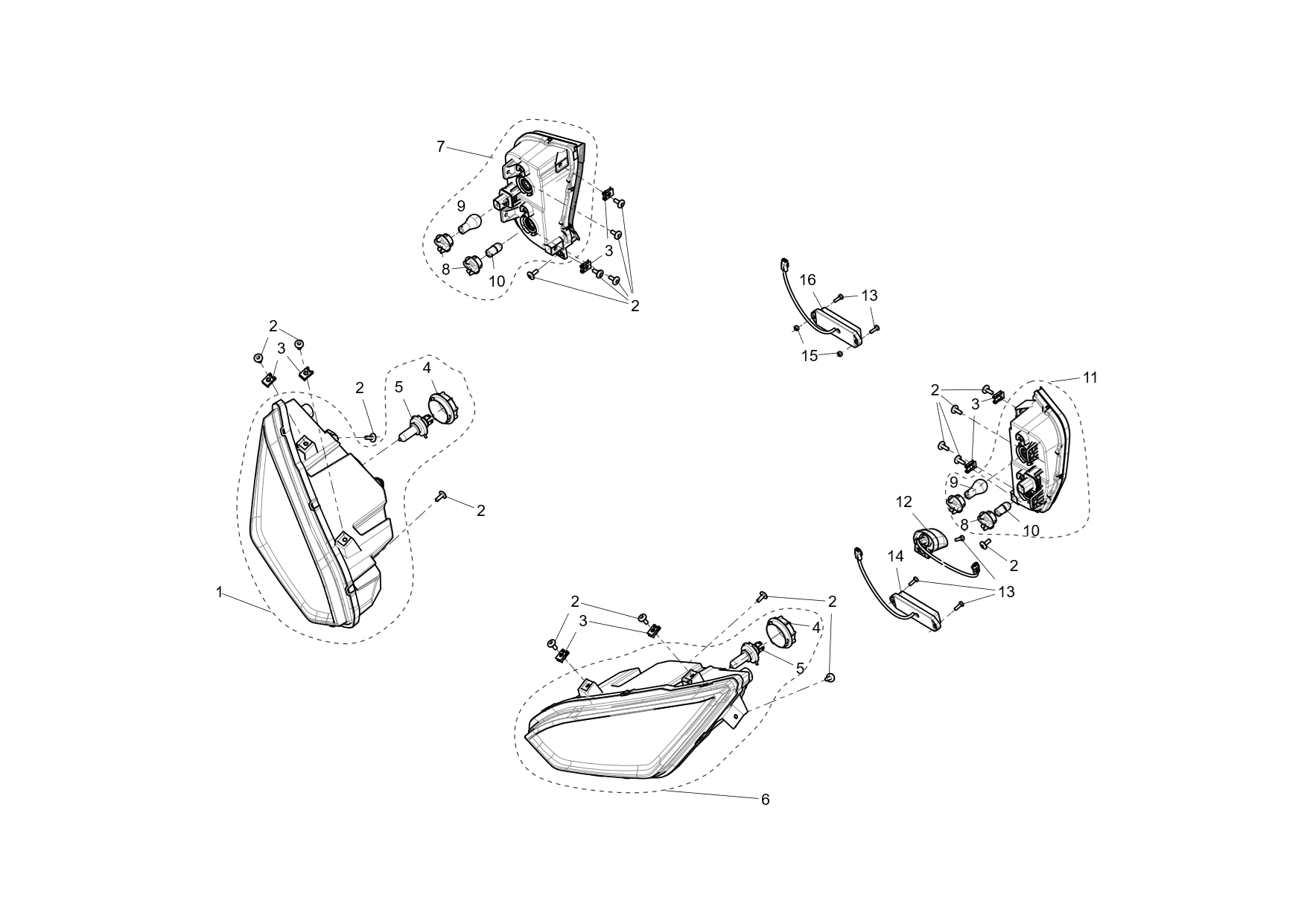 Exploded schematic of Segway Fugleman UT10 Lamp Assembly-european Standard (With Turn Signal), callout 16 is the u01_reverse light_epa