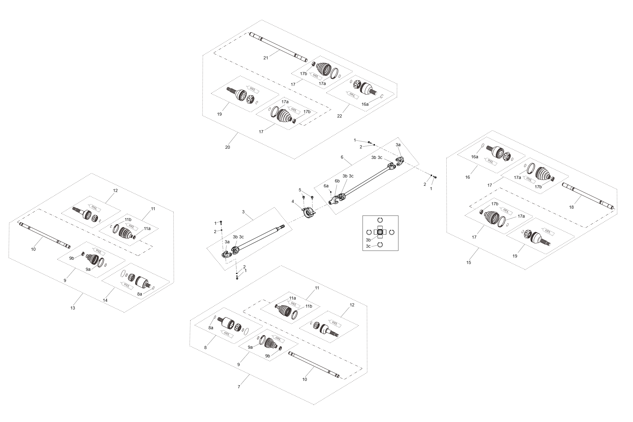 Exploded schematic of Segway Fugleman UT10 Drive Shaft Assembly, callout 22 is the rr inner ball cage assy