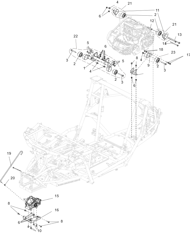 Exploded schematic of Segway Villain SGW1000F Power Installation Assembly, callout 23 is the engine lower mounting seat assembly