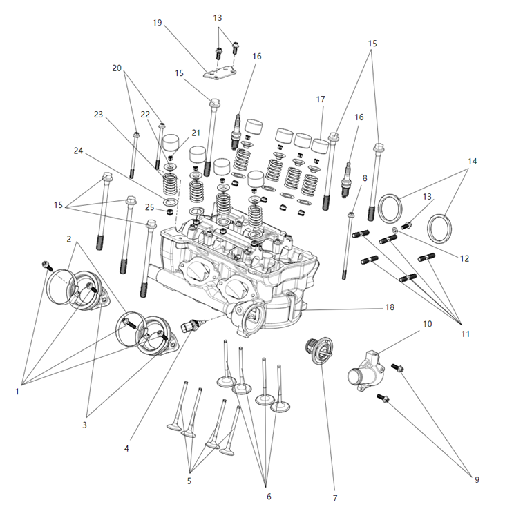 Exploded schematic of Segway Villain SGW1000F Cylinder Head Sub-assembly, callout 25 is the valve stem seal