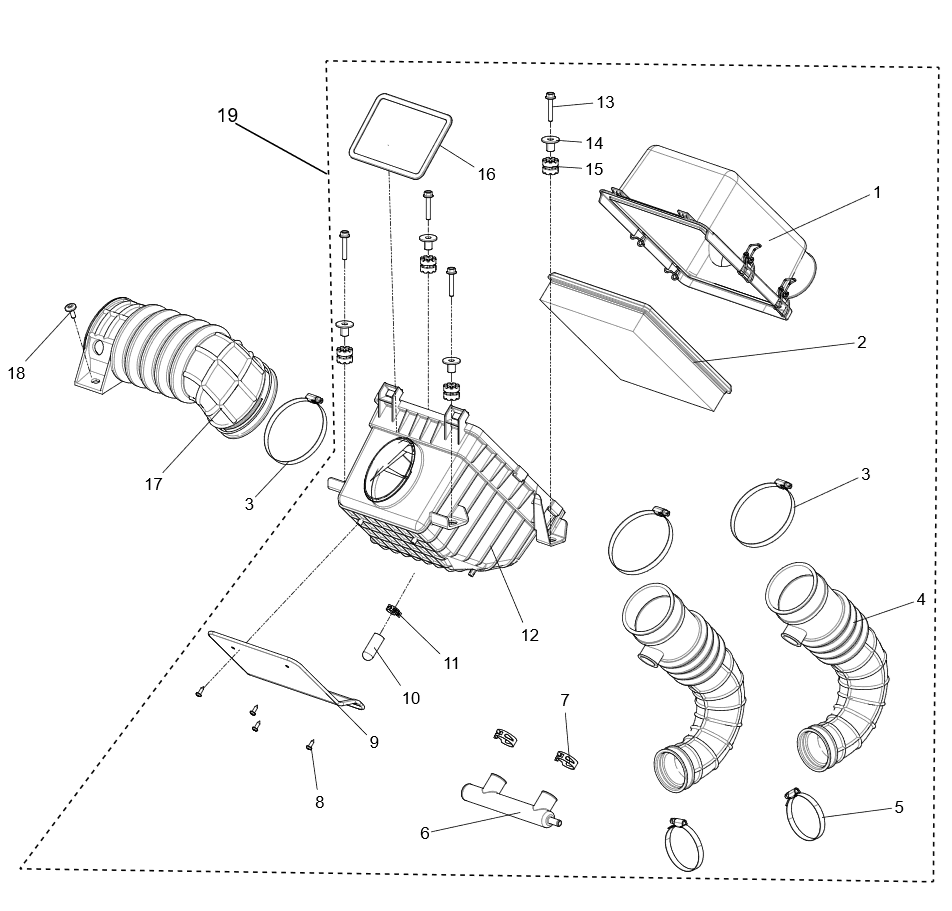 Exploded schematic of Segway Villain SGW1000F Intake System, callout 19 is the air filter assy