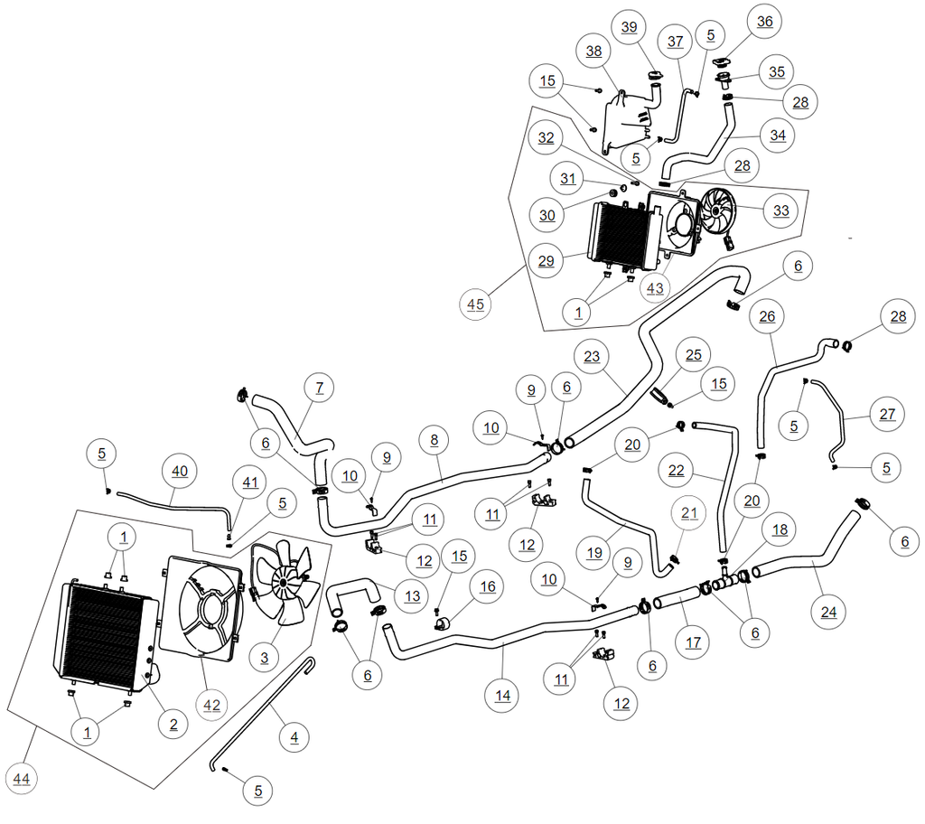 Exploded schematic of Segway Villain SGW1000F Cooling System, callout 45 is the oil radiator assembly