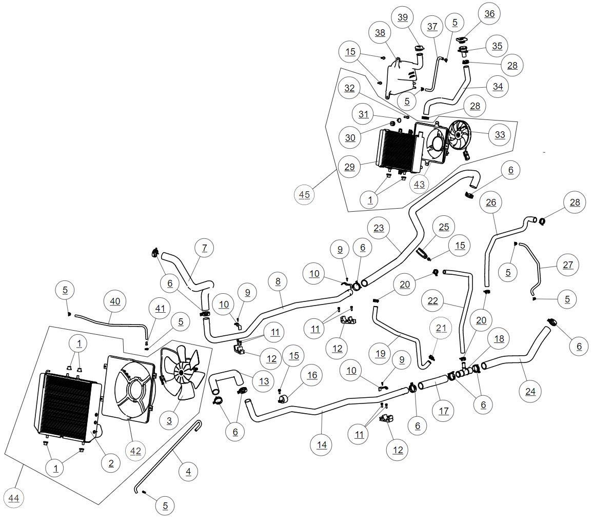 Exploded schematic of Segway Villain SGW1000F Cooling System, callout 45 is the oil radiator assembly