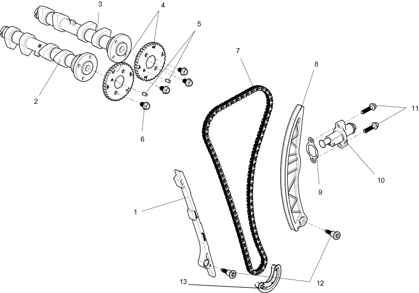 Exploded schematic of Segway Villain SGW1000F Gas Distribution Sub-assembly, callout 13 is the timing chain limit plate