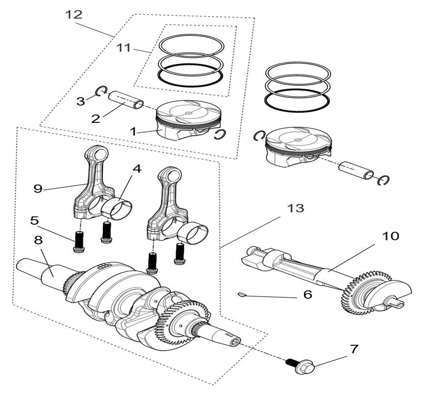 Exploded schematic of Segway Villain SGW1000F Crankshaft Connection Rod&piston Assembly, callout 13 is the crankshaft connection rod assembly