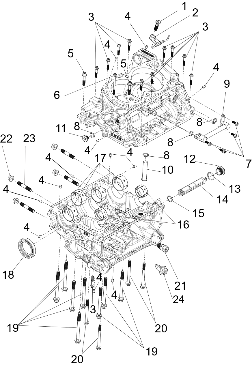 Exploded schematic of Segway Fugleman UT10 Upper And Lower Crankcase Sub-assembly, callout 17 is the crankcase crankshaft bushing (black)