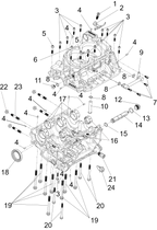 Exploded schematic of Segway Fugleman UT10 Upper And Lower Crankcase Sub-assembly, callout 17 is the crankcase crankshaft bushing (black)