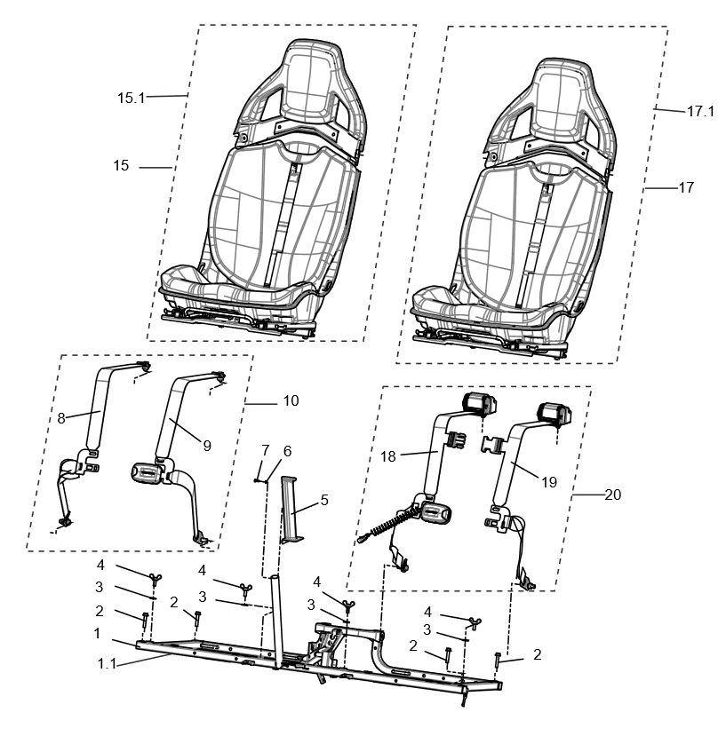 Exploded schematic of Segway Villain SGW1000F Seat Combination (US), callout 20 is the driver's seat belt assembly