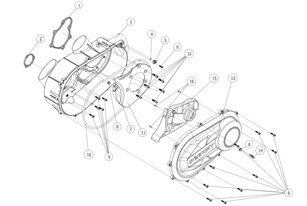 Exploded schematic of Segway Villain SGW1000F CVT CVT Box Cvtech, callout 16 is the cross recessed hexagon screw st4.8x16