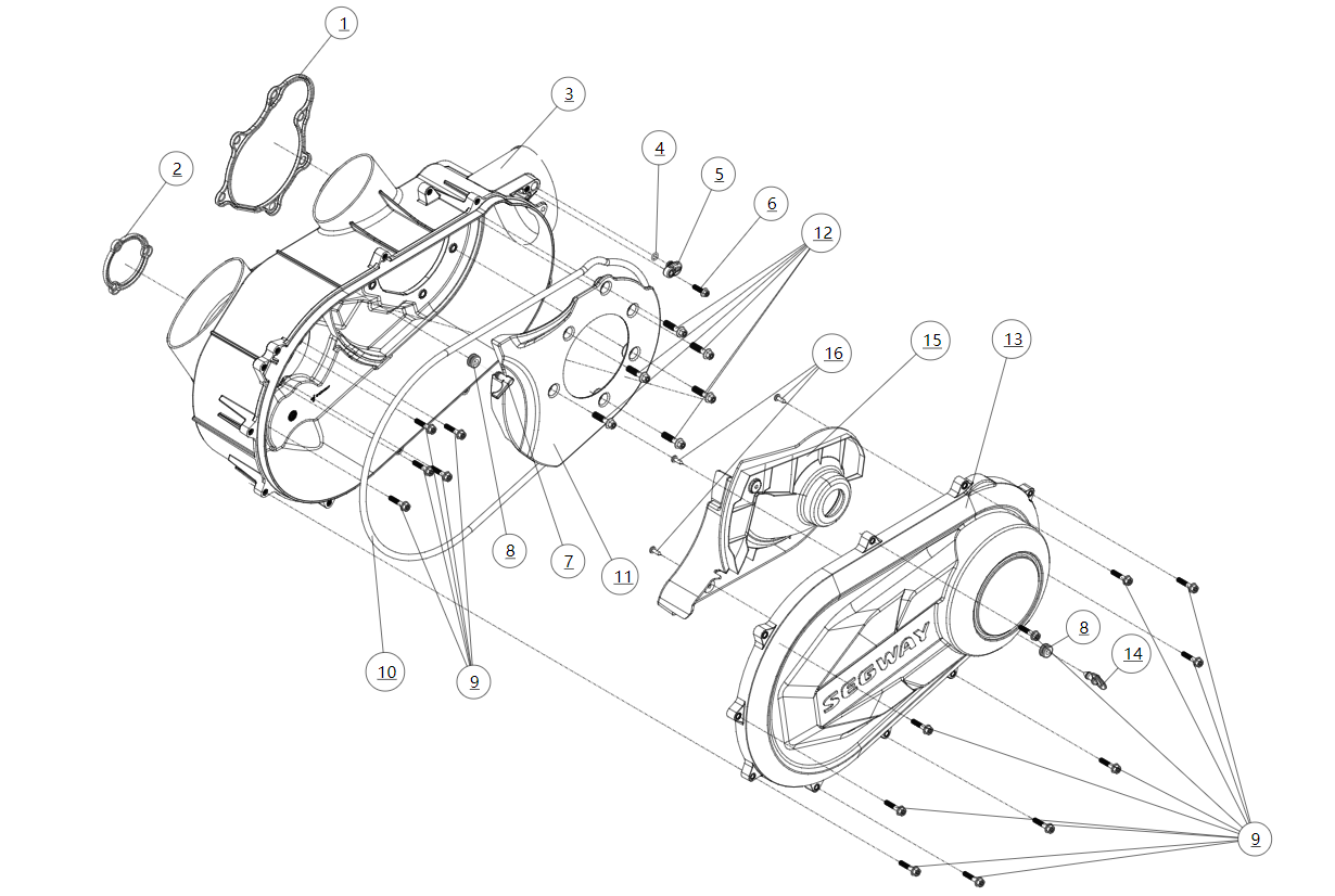 Exploded schematic of Segway Villain SGW1000F CVT CVT Box Cvtech, callout 16 is the cross recessed hexagon screw st4.8x16