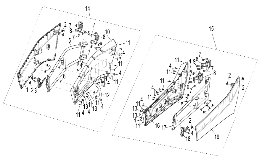 Exploded schematic of Segway Villain SGW1000F Door Combination, callout 19 is the left door panel (grey)