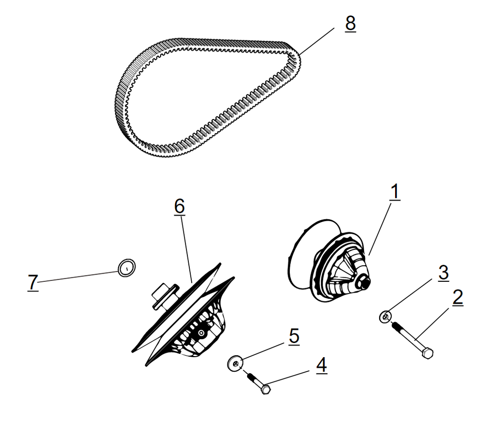 Exploded schematic of Segway Villain SGW1000F CVT CVT Assembly Cvtech, callout 8 is the cvt belt (cvtech)