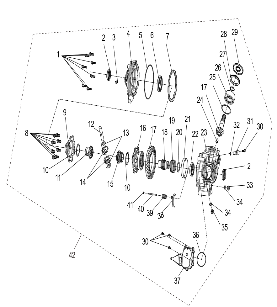 Exploded schematic of Segway Villain SGW1000F Front Axle Assembly, callout 42 is the front axle assy