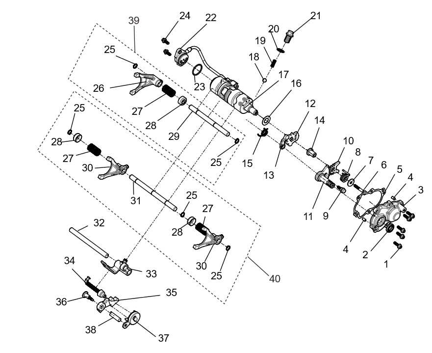 Exploded schematic of Segway Villain SGW1000F Shift Control Components, callout 40 is the hr gear shift fork shaft assembly