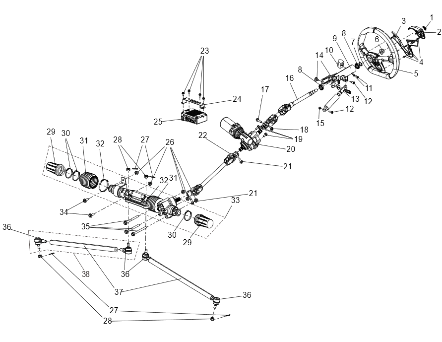 Exploded schematic of Segway Villain SGW1000F Steering System (Narrow Vehicle Version), callout 38 is the steering rod assembly (narrow vehicle)