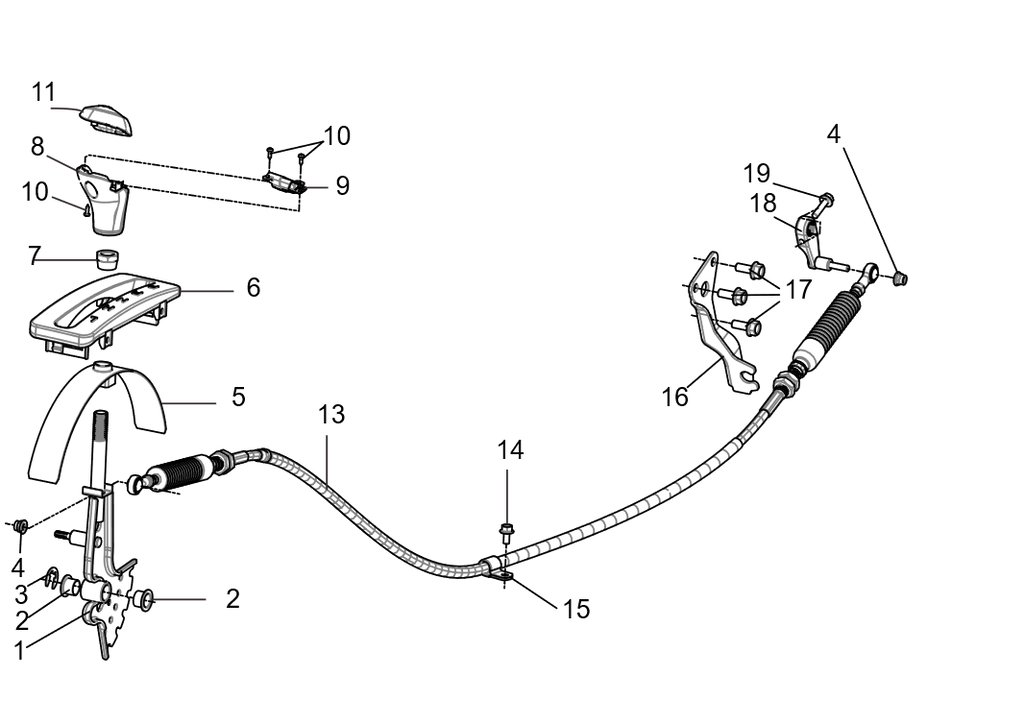 Exploded schematic of Segway Villain SGW1000F Shift System, callout 18 is the gear shift rocker arm assembly