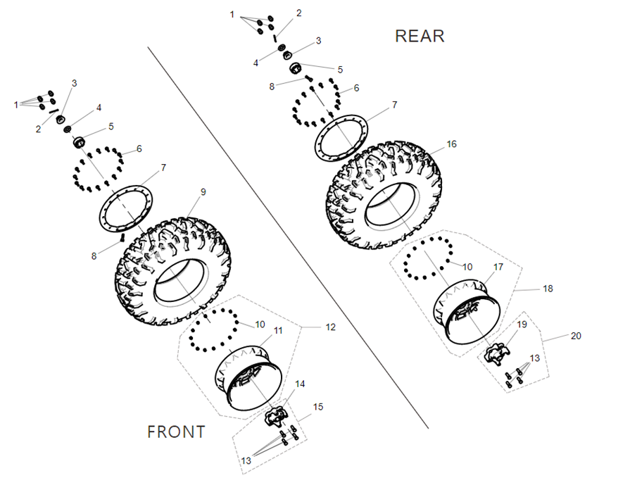 Exploded schematic of Segway Villain SGW1000F 29 Wheel Combination (US 29 Inch Anti-drop), callout 20 is the rear rim mounting seat assy