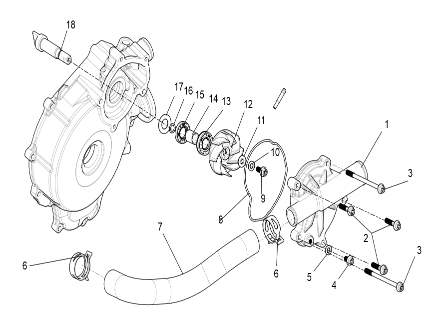 Exploded schematic of Segway Villain SGW1000F Water Pump Assembly, callout 18 is the water pump shaft