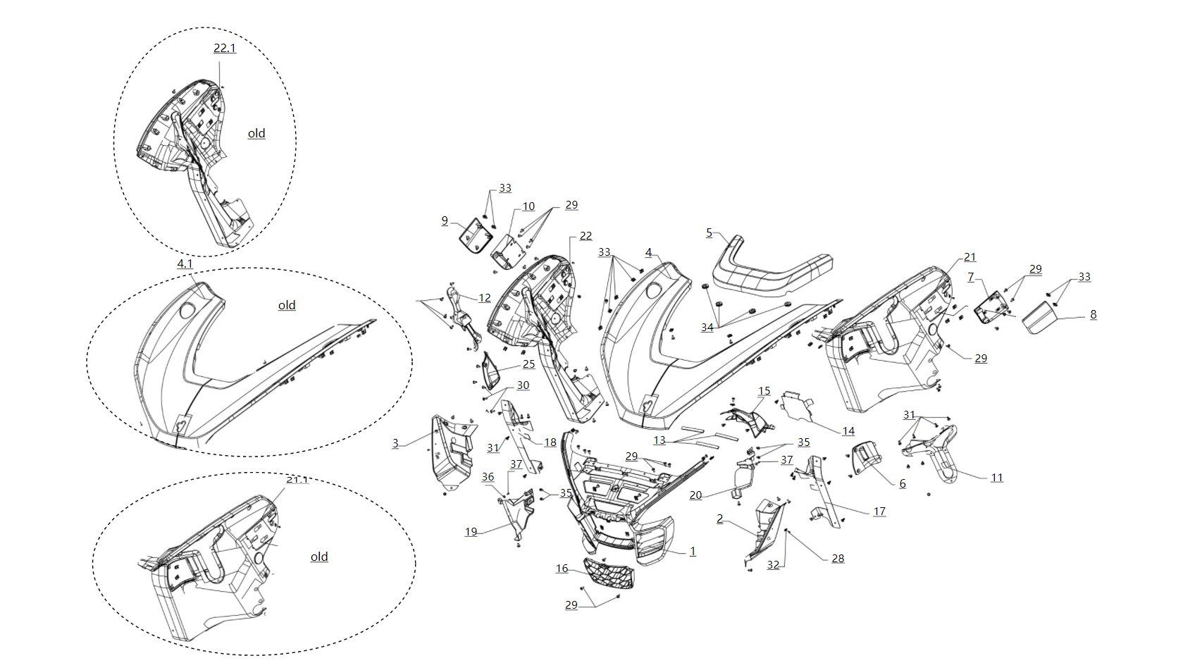 Exploded schematic of Segway Villain SGW1000F Front Rubber And Plastic Parts, callout 36 is the large washers a grade 5