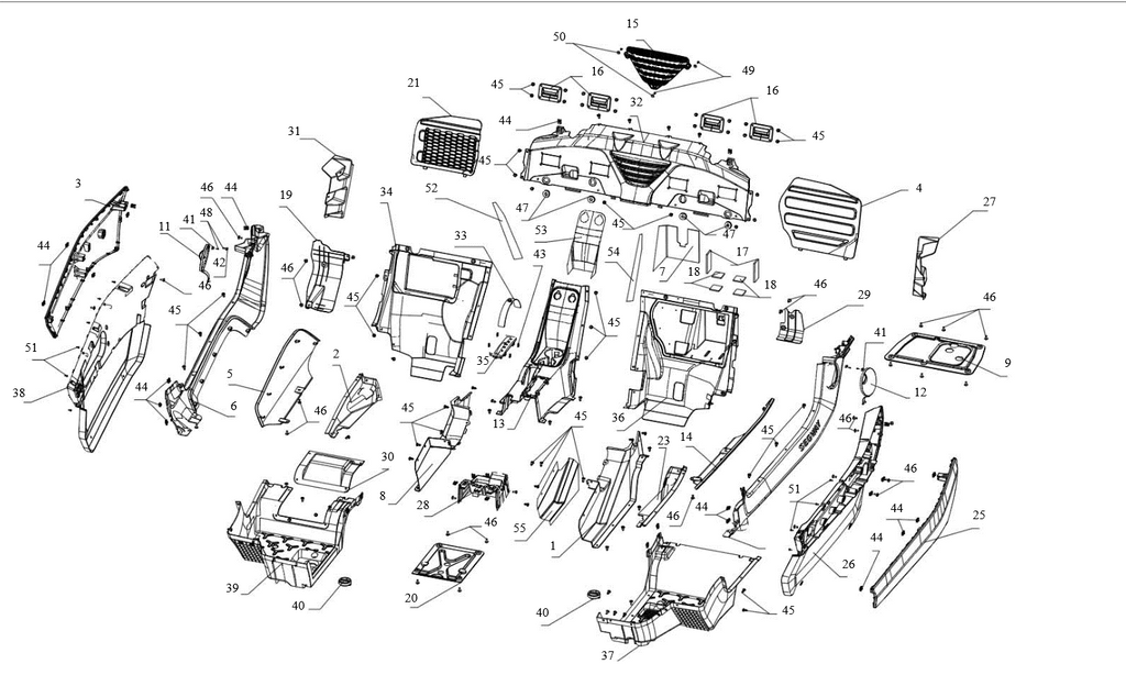 Exploded schematic of Segway Villain SGW1000F Central Rubber And Plastic Parts, callout 47 is the insulation paper of shaft left cover