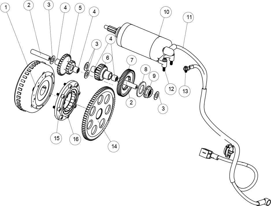 Exploded schematic of Segway Fugleman UT10 Starting System, callout 1.1 is the magneto rotor assembly (980w)