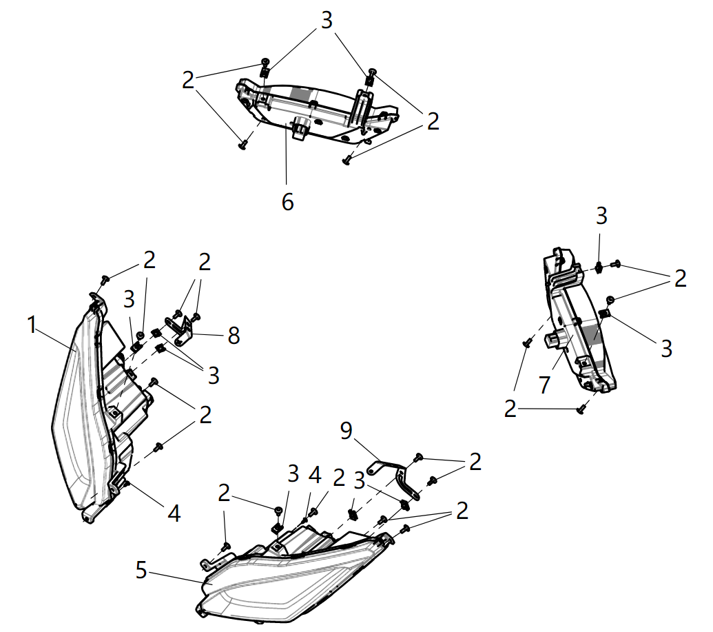 Exploded schematic of Segway Villain SGW1000F Lamps (With Turn Signal), callout 9 is the headlamp upper left bracket assembly