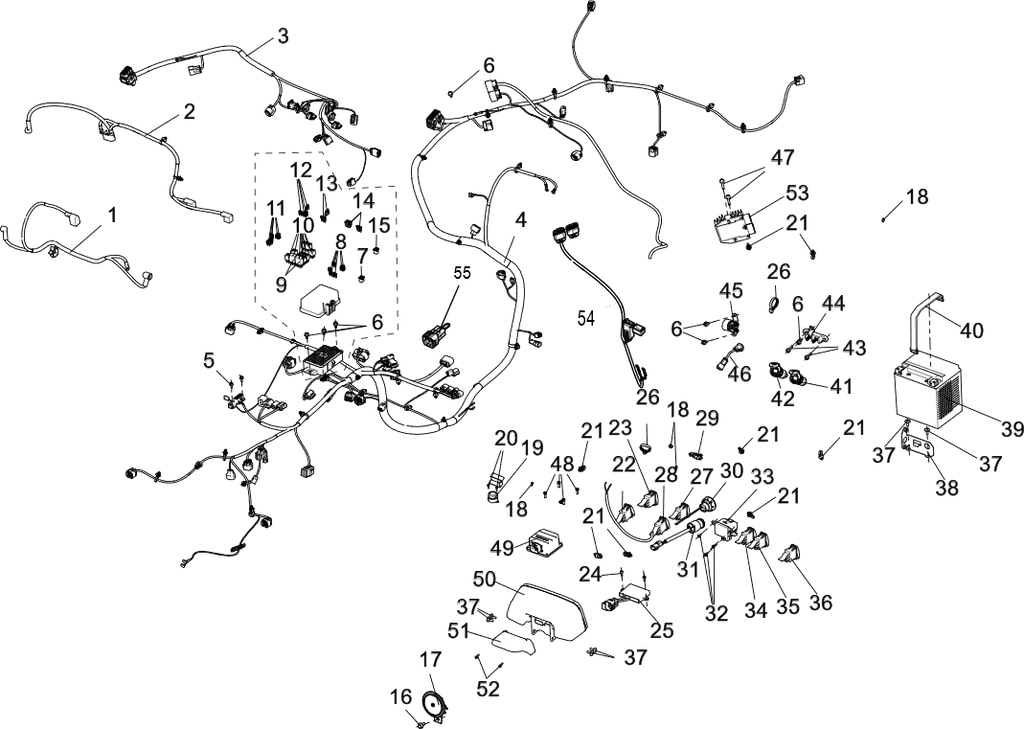 Exploded schematic of Segway Villain SGW1000F Electrical Assembly (US), callout 55 is the flameout switch adapter