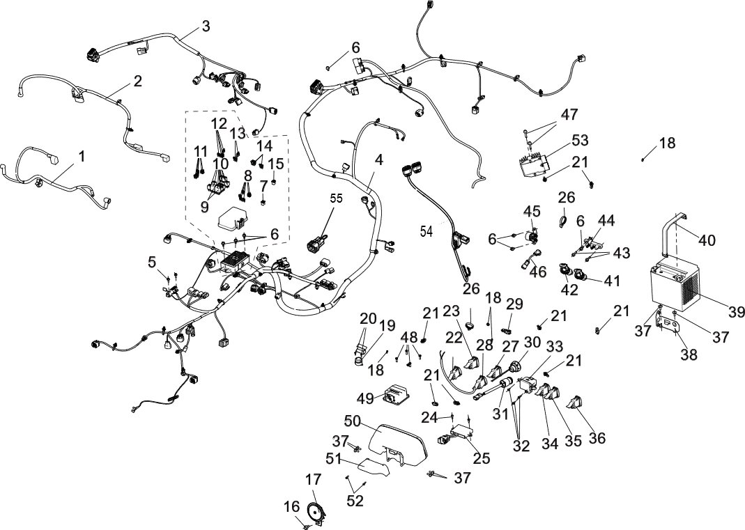 Exploded schematic of Segway Villain SGW1000F Electrical Assembly (US), callout 55 is the flameout switch adapter