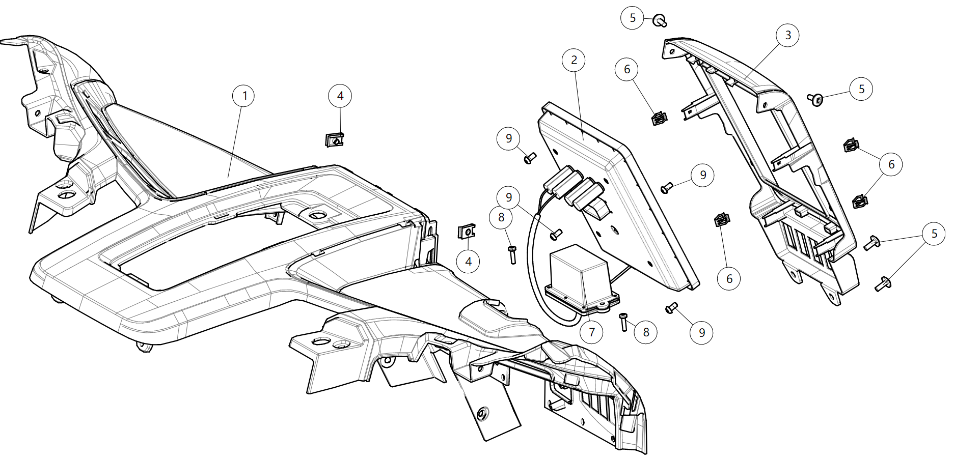 Exploded schematic of Segway Villain SGW1000F Touch Screen, callout 9 is the hexagon socket flat head screw m6x12