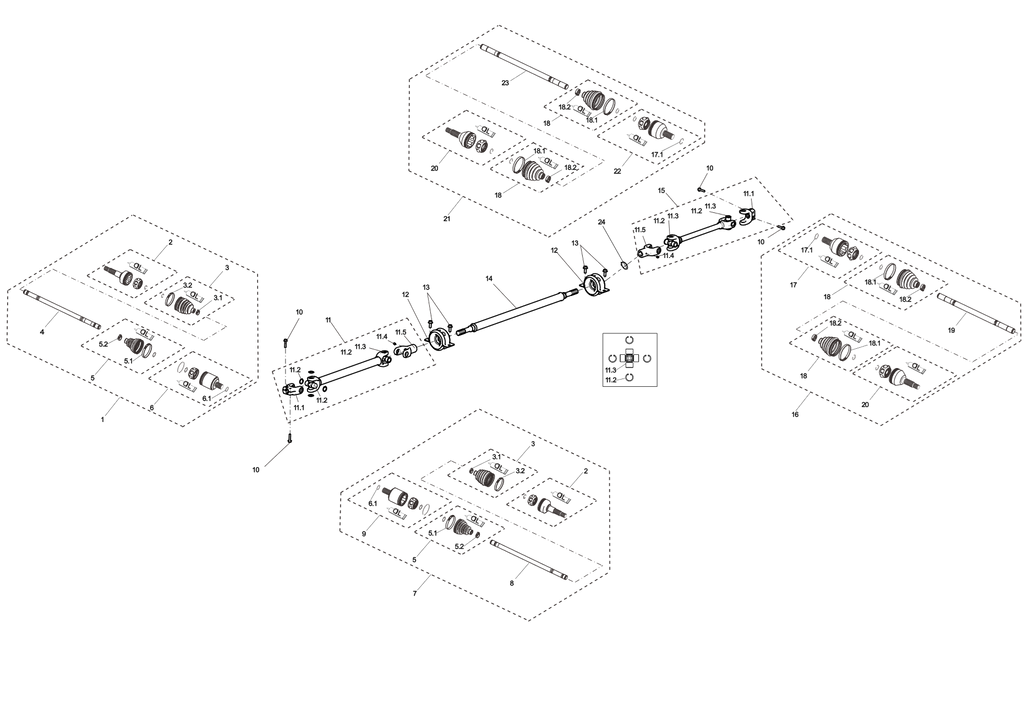 Exploded schematic of Segway Villain SGW1000F Transmission System Assembly (Wide Vehicle Version), callout 23 is the rear right middle shaft_wide