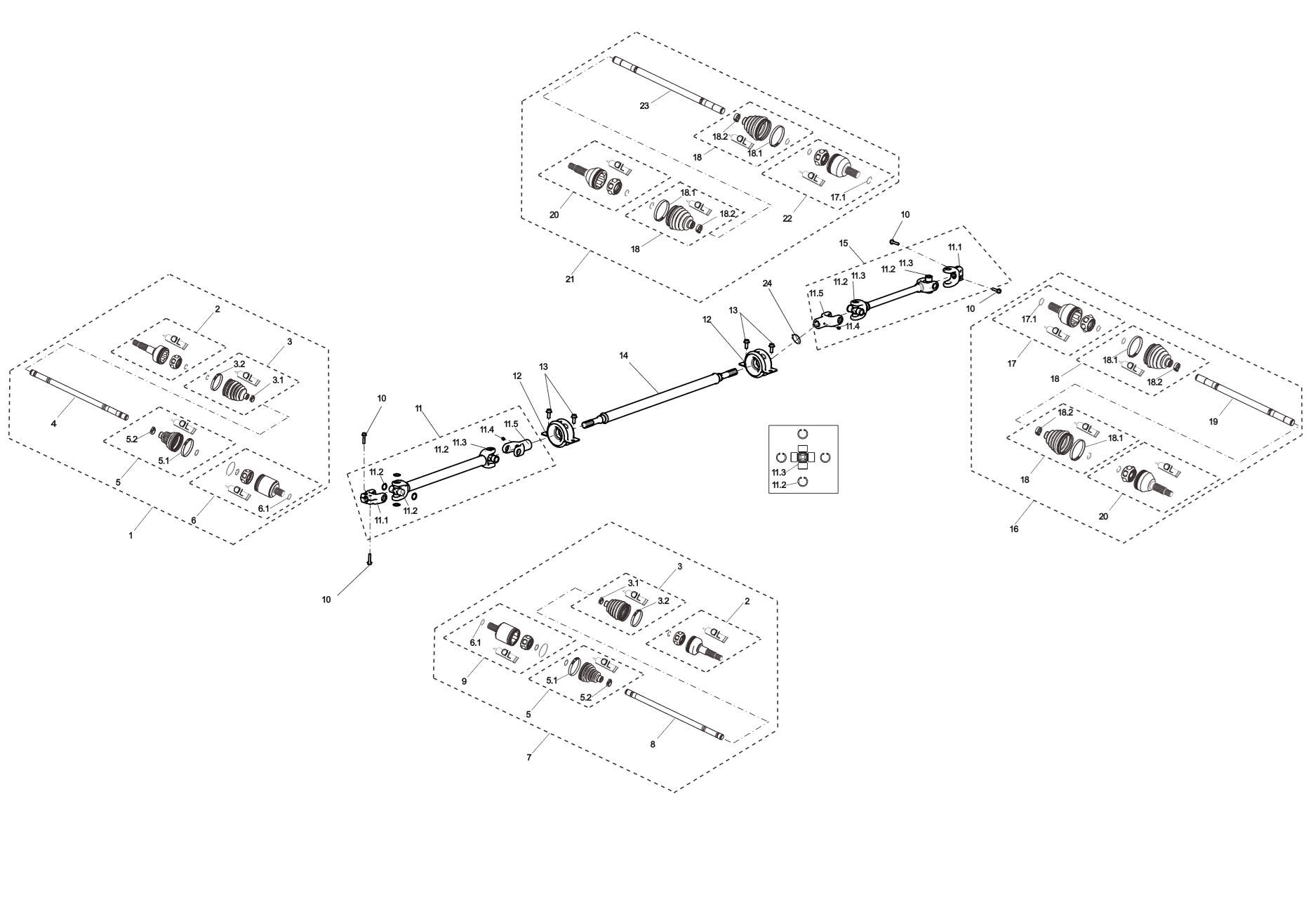 Exploded schematic of Segway Villain SGW1000F Transmission System Assembly (Wide Vehicle Version), callout 23 is the rear right middle shaft_wide