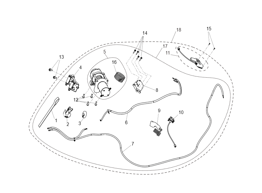 Exploded schematic of Segway Villain SGW1000F Winch Assembly, callout 18 is the 4500 winch assembly (wireless)
