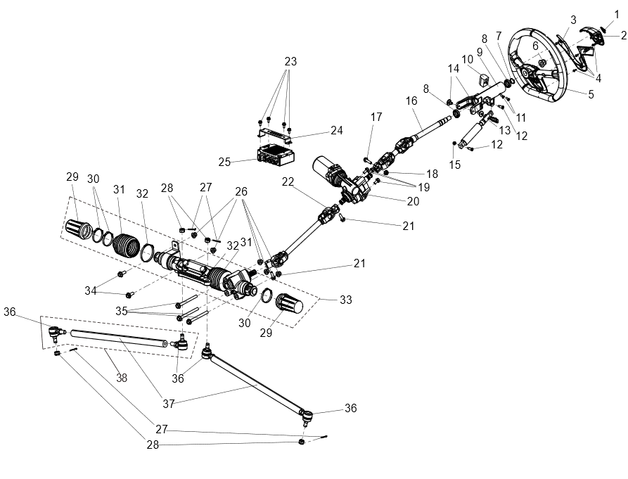 Exploded schematic of Segway Villain SGW1000F Steering System (Wide Vehicle Version), callout 38 is the steering rod assembly (wide version)