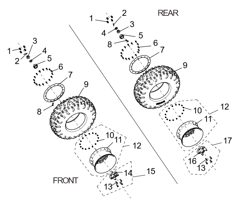 Exploded schematic of Segway Villain SGW1000F 30 Wheel Combination (US 30-INCH Anti-drop), callout 9 is the tire 30x10.00r14_us_wanda